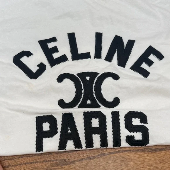Celine White Logo Tee with Black Embroidered Paris Graphic - Picture 7 of 8